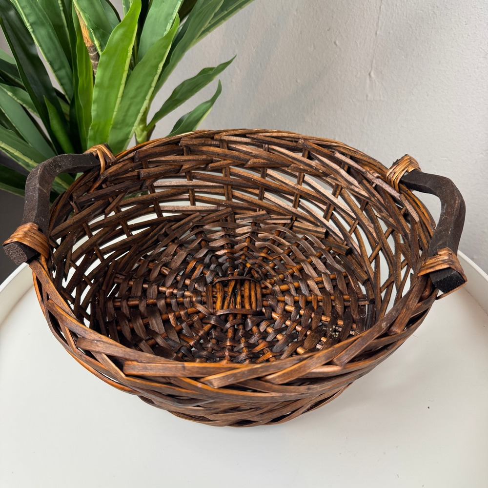 Vintage Wicker Basket Dark Brown Wood Handles Rustic Farmhouse Cottagecore Decor